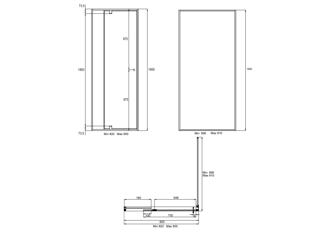 Creative Glass Semi-Framed Adjustable Front & Return tiles shower screen with pivot door - Height 1950 x Front 820-900 x Return 890-910 6mm Clear toughened glass and Polished Silver frame.