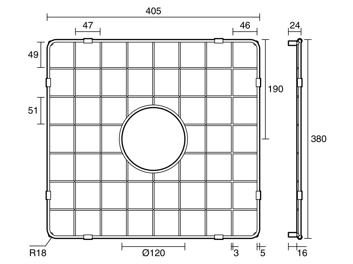 Technical Drawing - Memo Harper Sink Protect Grid 405mm x 380mm Stainless Steel