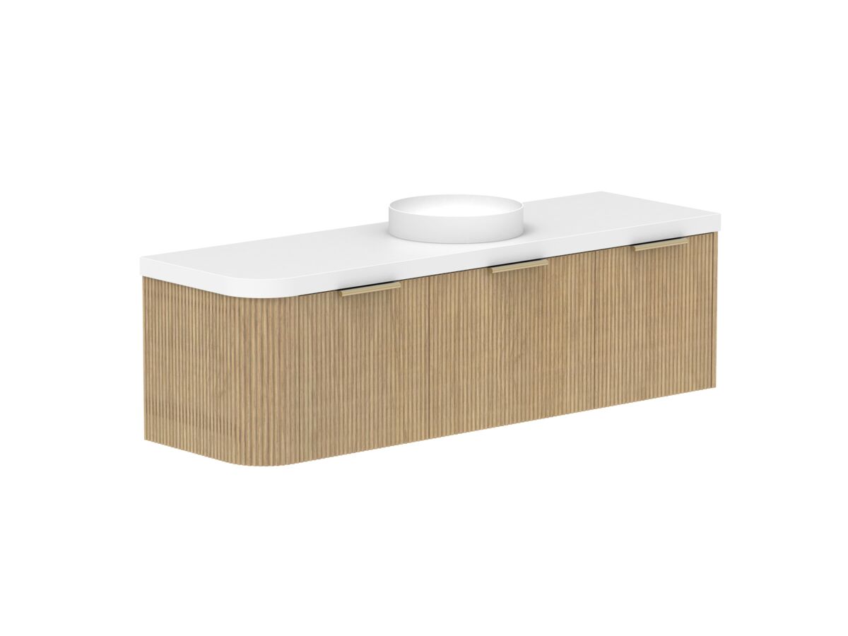 Supporting Image 2- Kado Neue Fluted Single Curve All Drawer 1650mm Wall Hung Vanity with Centre Basin Durasein 50mm Top Boston Oak