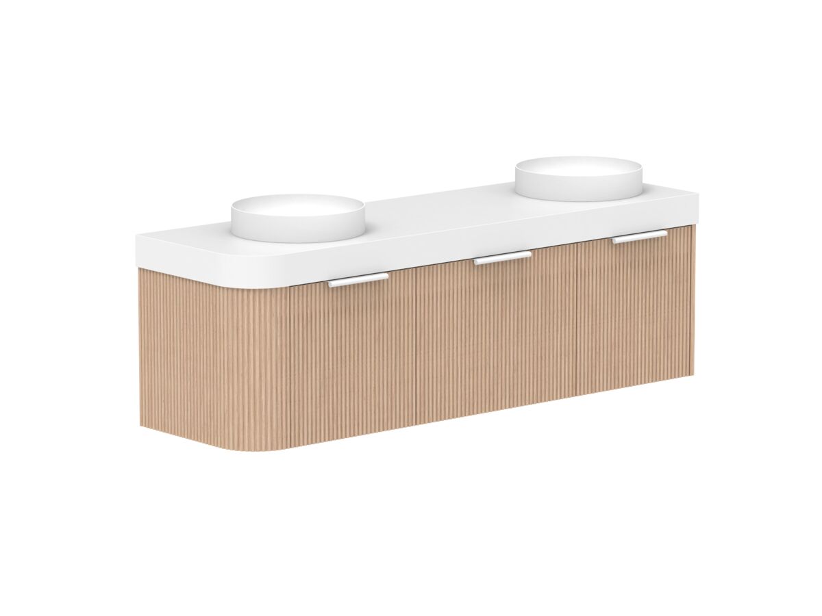 Supporting Image 2- Kado Neue Fluted Single Curve All Drawer 1650mm Wall Hung Vanity with Double Basin Durasein 90mm Top Blonde Oak