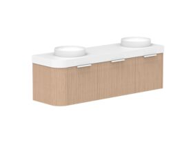 Supporting Image 2- Kado Neue Fluted Single Curve All Drawer 1650mm Wall Hung Vanity with Double Basin Durasein 90mm Top Blonde Oak
