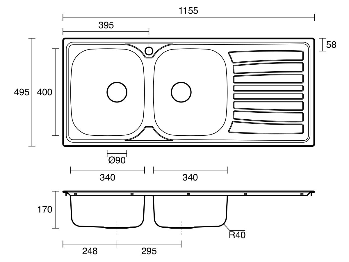 Technical Drawing - Posh Bristol Double Bowl Sink 1 Taphole Left Hand Bowl with Drainer Stainless Steel