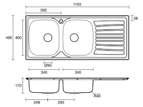 Technical Drawing - Posh Bristol Double Bowl Sink 1 Taphole Left Hand Bowl with Drainer Stainless Steel