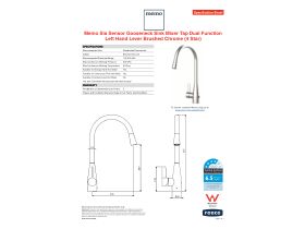 Specification Sheet - Memo Sia Sensor Gooseneck Sink Mixer Tap Dual Function Left Hand Lever Brushed Chrome (4 Star)