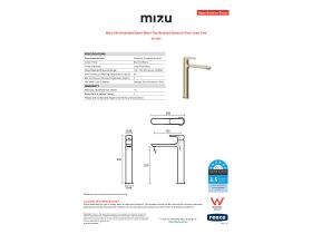 Specification Sheet - Mizu Silk Extended Basin Mixer Tap Brushed Brass (6 Star) Lead Free