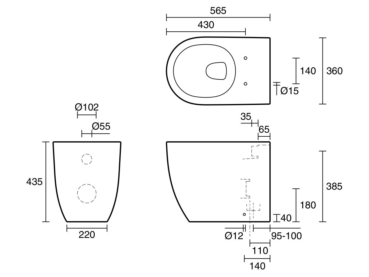 Technical Drawing - Kado Lussi Back to Wall Rimless Overheight Pan Only White (4 Star)