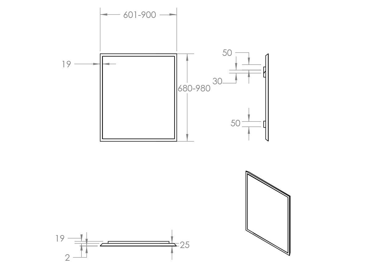 ISSY Z8 Mirror Custom 601-900mm (Wide) x 680mm - 980mm (Height) x 50mm (Deep)