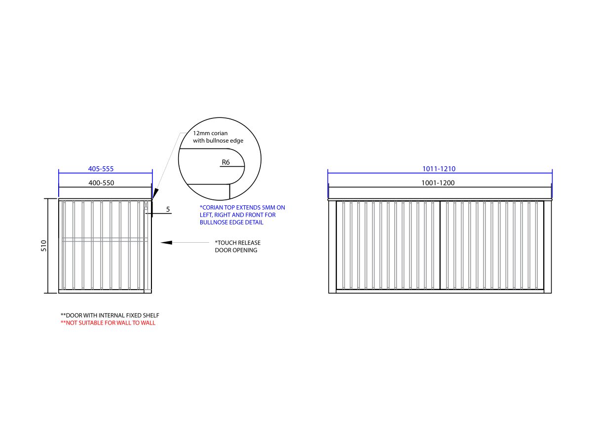 ISSY Custom Cloud I 1001-1200mm x 400-550mm x 510mm Wall Hung Vanity Unit 2 Touch Latch Doors (No Basin)