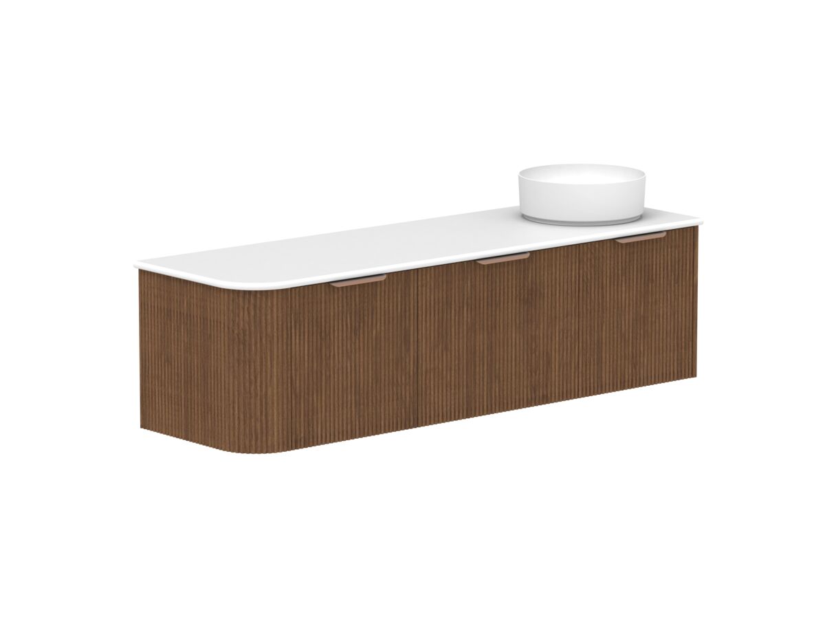Hero - Kado Neue Fluted Single Curve All Drawer 1650mm Wall Hung Vanity with Right Hand Basin 20mm Top Florentine Walnut