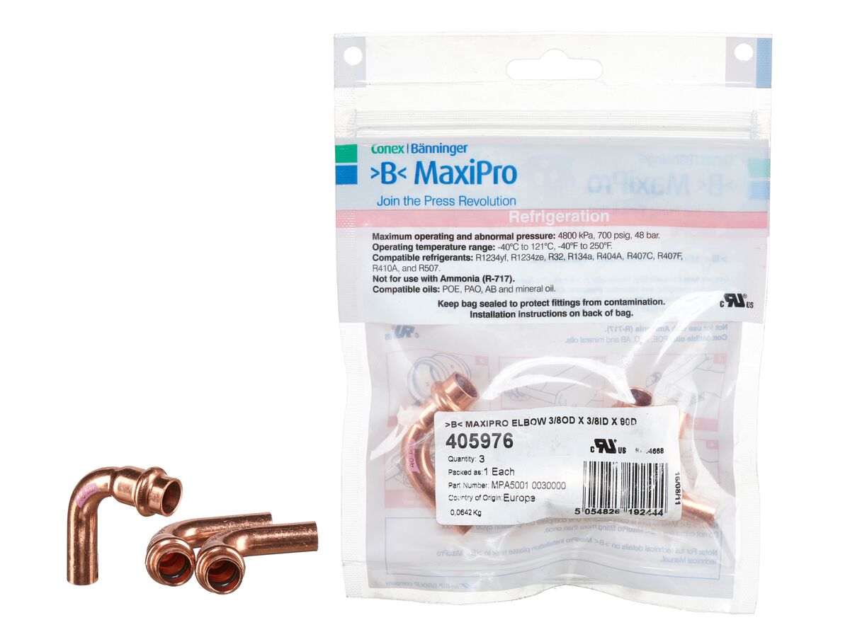 >B< Maxipro Elbow 90 Degree x 3/8" OD x 3/8" ID Bag of 3