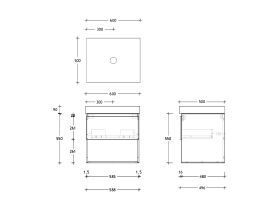 Technical Drawing - Posh Domaine 600mm Wall Hung Vanity Unit All-Drawer Open Shelf 90mm Top