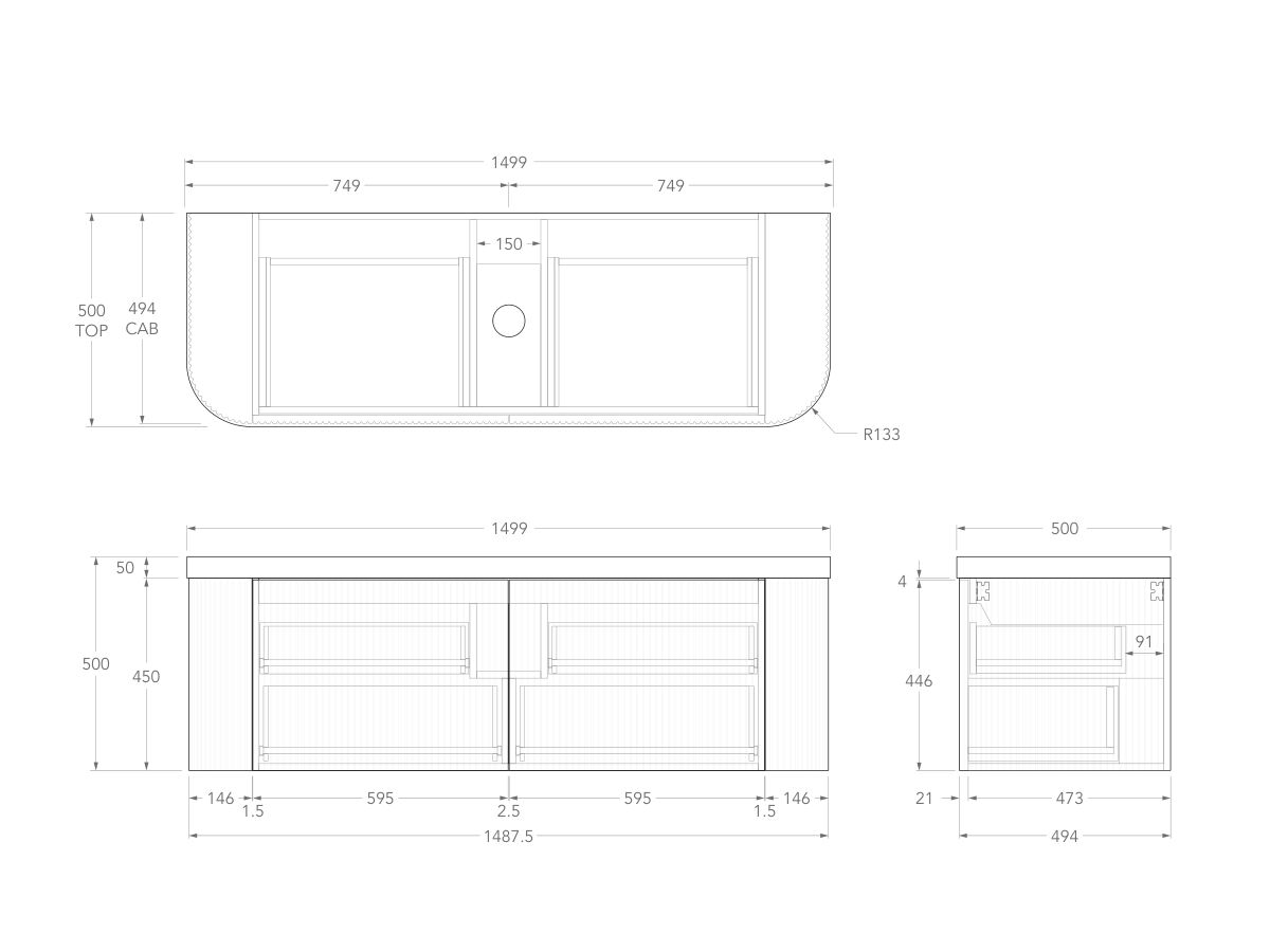 Technical Drawing - Kado Neue Fluted Double Curve All Drawer 1500mm Wall Hung Vanity with Centre Basin Durasein 50mm Top