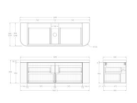 Technical Drawing - Kado Neue Fluted Double Curve All Drawer 1500mm Wall Hung Vanity with Centre Basin Durasein 50mm Top