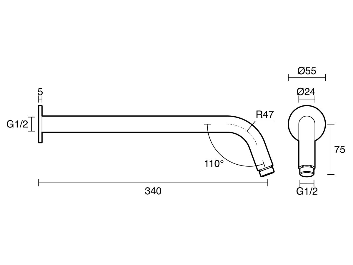 Technical Drawing - Mizu Drift Wall Straight Shower Arm Only