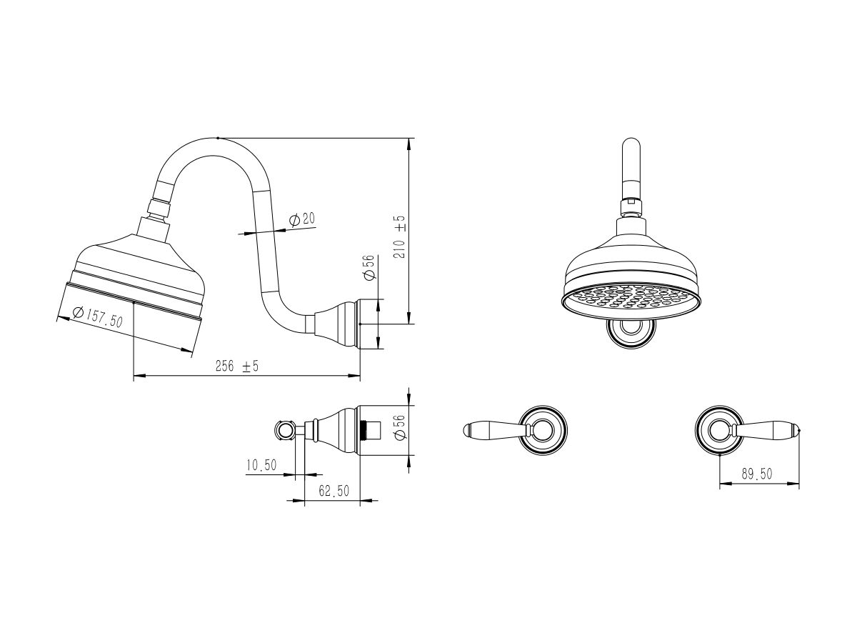 Milli Monument Edit Gooseneck Shower Set Lever Porcelain Handles (3 Star)