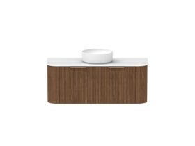 Hero - Kado Neue Fluted Double Curve All Drawer 1200 Wall Hung Vanity with Centre Basin Durasein 12mm Top Florentine Walnut