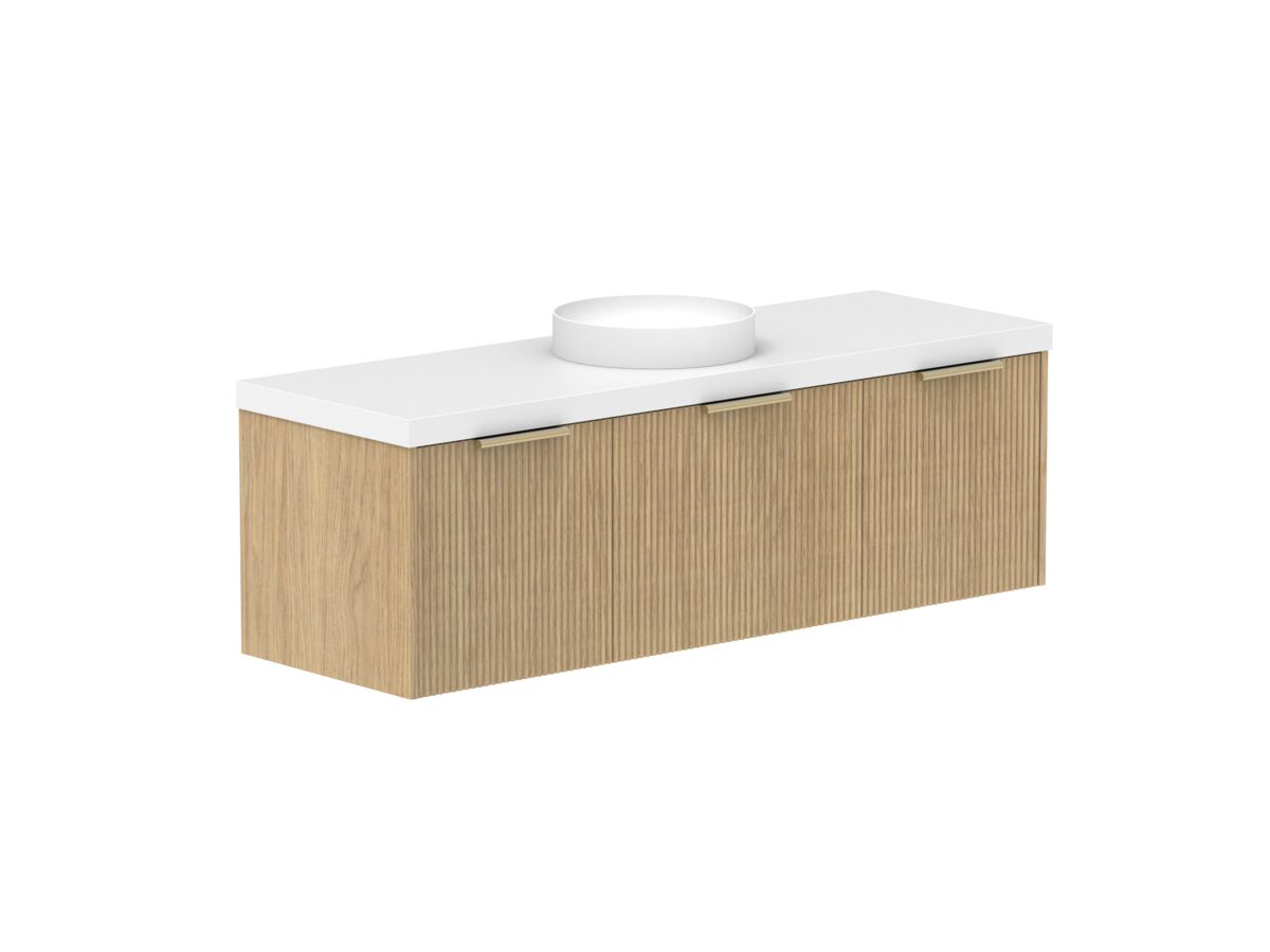 Supporting Image 2- Kado Neue Fluted Square All Drawer 1500mm Wall Hung Vanity with Centre Basin 50mm Top Boston Oak