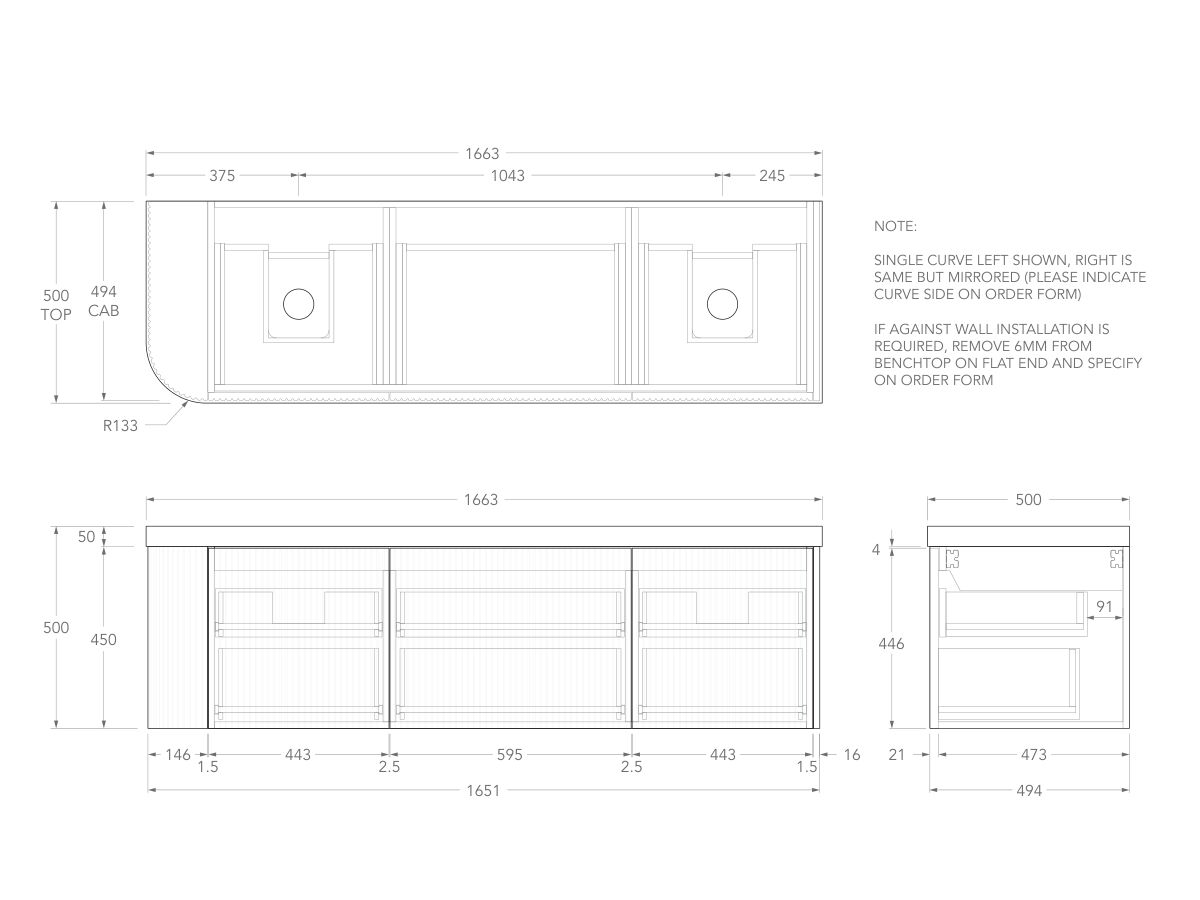 Technical Drawing - Kado Neue Fluted Single Curve All Drawer 1650mm Wall Hung Vanity with Double Basin Durasein 50mm Top