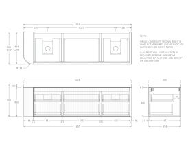 Technical Drawing - Kado Neue Fluted Single Curve All Drawer 1650mm Wall Hung Vanity with Double Basin Durasein 50mm Top