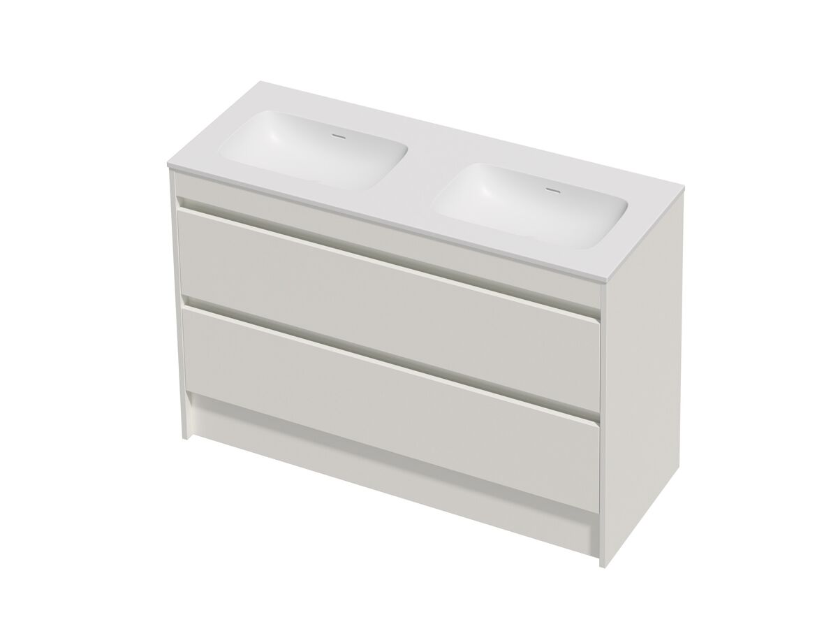 Hero - Posh Domaine Twin 1200 Double Bowl 2 Drawer Floor Standing Vanity White Console Top Matte White Mineral Cast No Taphole