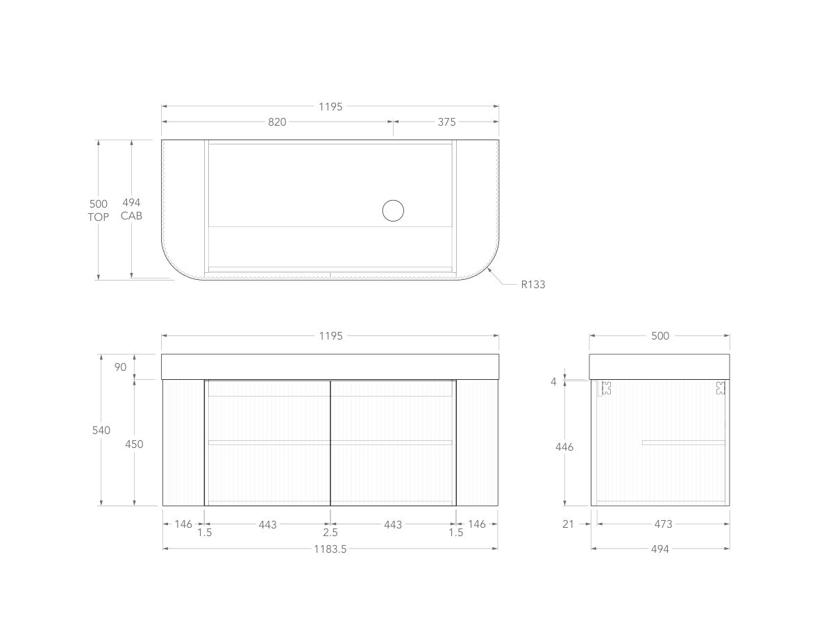 Technical Drawing - Kado Neue Fluted Double Curve All Door 1200mm Wall Hung Vanity with Right Hand Basin Durasein 90mm Top