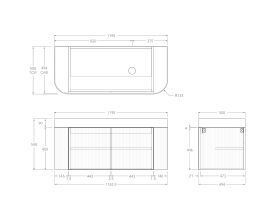 Technical Drawing - Kado Neue Fluted Double Curve All Door 1200mm Wall Hung Vanity with Right Hand Basin Durasein 90mm Top