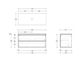 Technical Drawing - Posh Domaine 1200mm Wall Hung Twin Vanity Unit All-Drawer Single Bowl 50mm Top