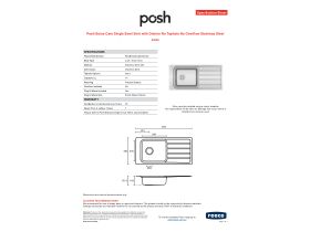 Specification Sheet - Posh Solus Care Single Bowl Sink with Drainer No Taphole No Overflow Stainless Steel
