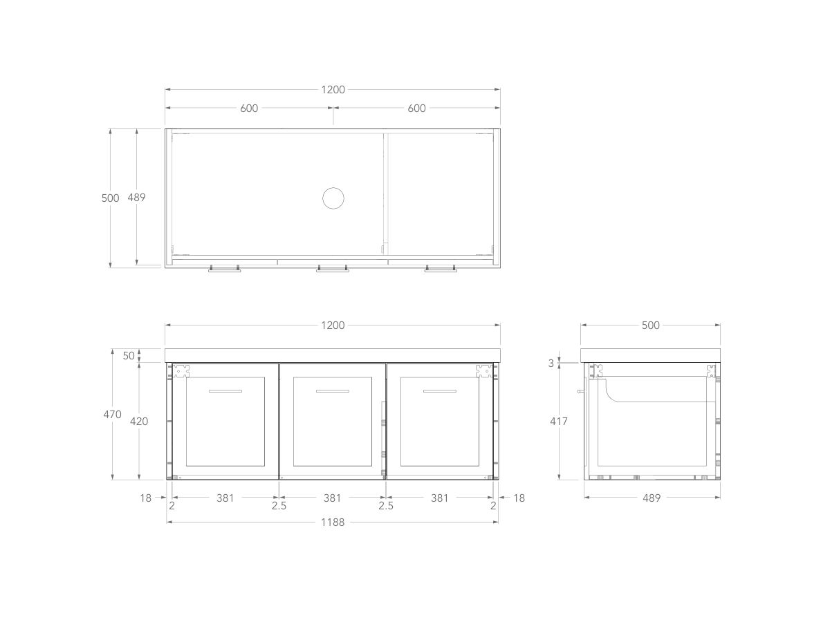 Technical Drawing - Kado Lux All Door 1200mm Centre Bowl Wall Hung 50mm Top