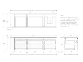 Technical Drawing - Kado Neue Fluted Single Curve All Drawer 1650mm Wall Hung Vanity with Right Hand Basin 20mm Top