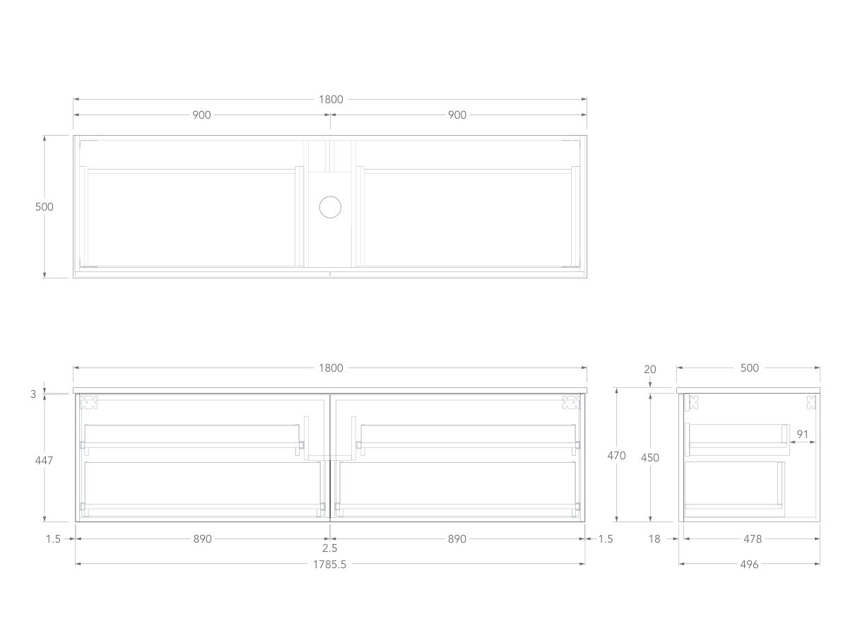 Technical Drawing - Kado Lux Slim All Drawer 1800mm Wall Hung Vanity with Centre Basin 20mm Top