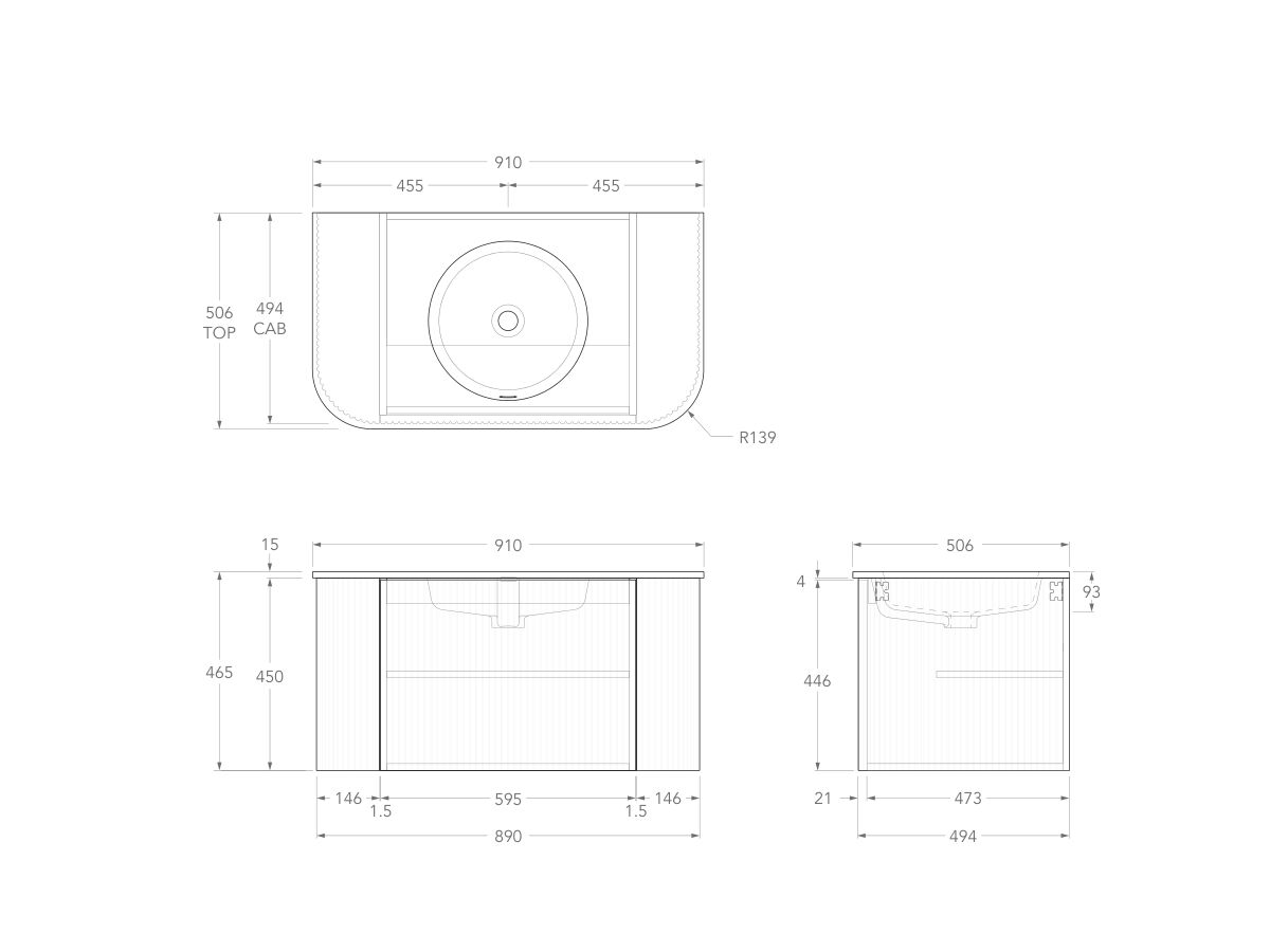 Technical Drawing - Kado Neue Fluted Double Curve All Door 900mm Wall Hung Vanity Centre Basin Matte White Ceramic Top