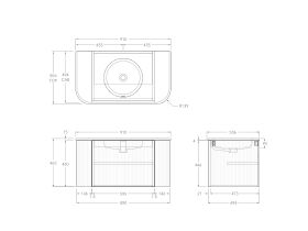 Technical Drawing - Kado Neue Fluted Double Curve All Door 900mm Wall Hung Vanity Centre Basin Matte White Ceramic Top