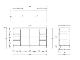 Technical Drawing - Posh Domaine 1500mm Floor Mount Vanity Unit Conventional Double Bowl 50mm Top