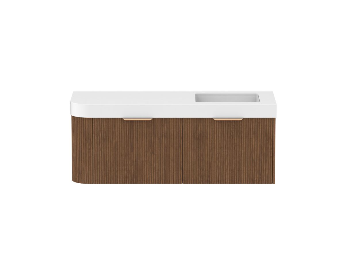 Supporting Image - Kado Neue Fluted Single Curve All Drawer 1350mm Wall Hung Vanity with Right Hand Basin Durasein 90mm Top Florentine Walnut