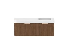 Supporting Image - Kado Neue Fluted Single Curve All Drawer 1350mm Wall Hung Vanity with Right Hand Basin Durasein 90mm Top Florentine Walnut