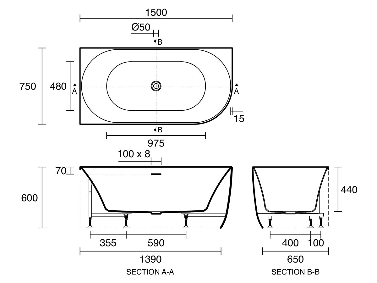 Technical Drawing - Posh Solus Back to Corner Freestanding Bath 1500mm Left Corner with Overflow