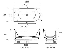 Technical Drawing - Posh Solus Back to Corner Freestanding Bath 1500mm Left Corner with Overflow