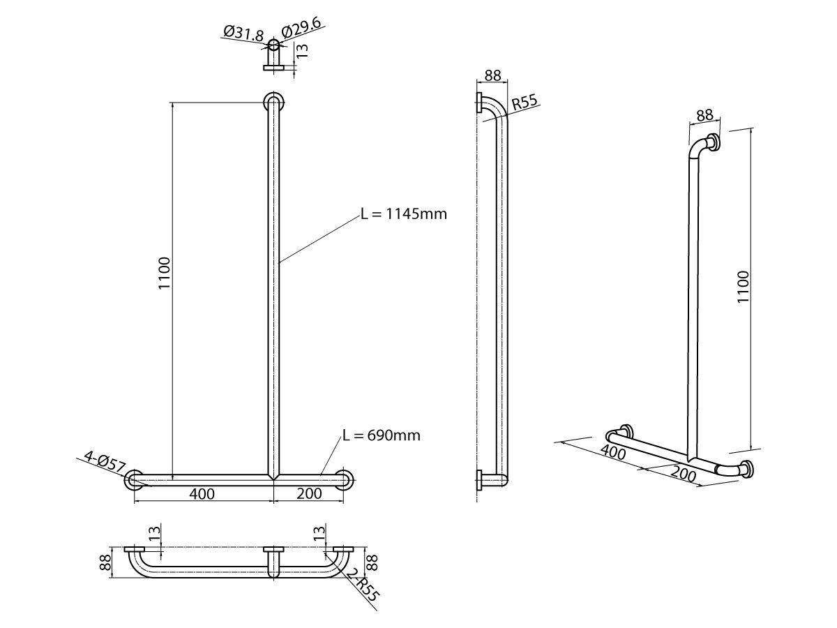 Mobi Grab Rail Invert "T" Right Hand 1100mm x 600mm Satin Stainless Steel