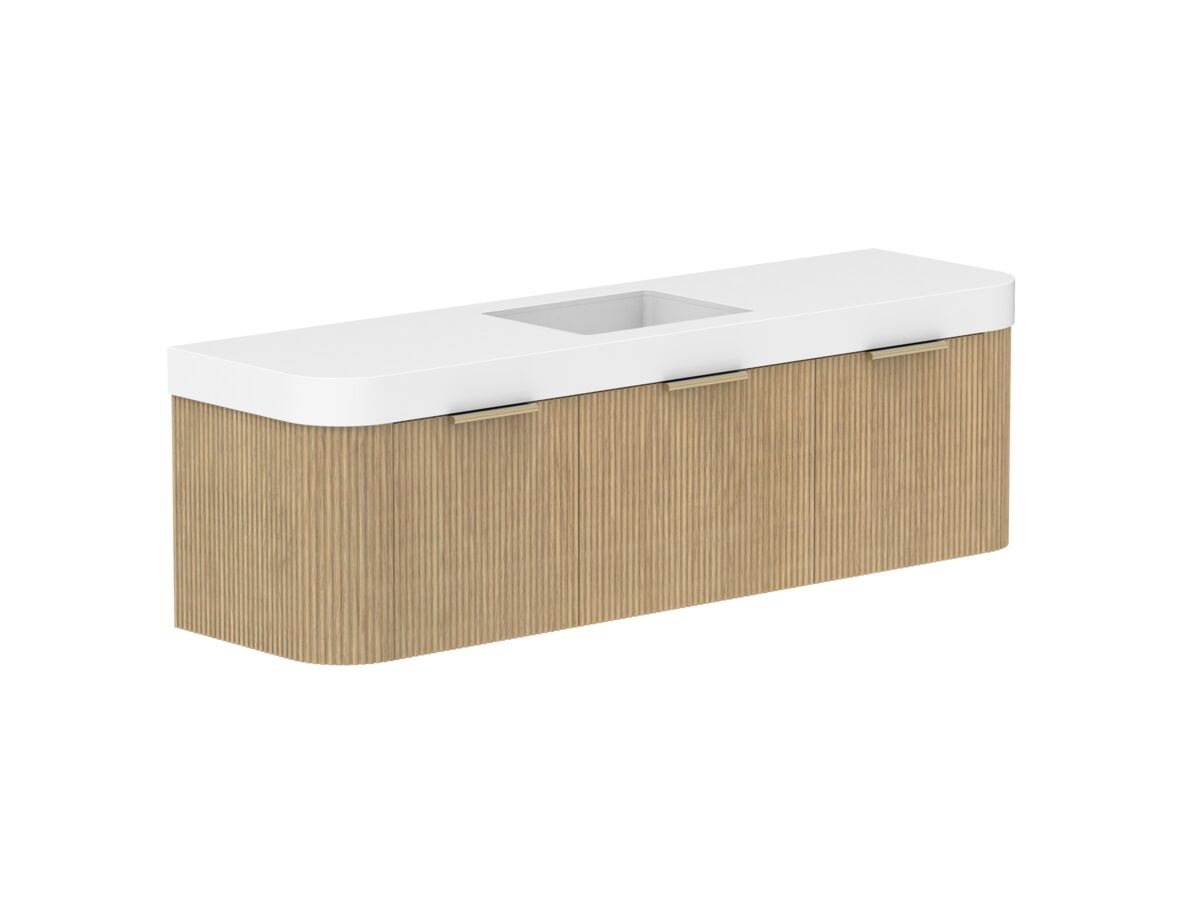 Supporting Image 2- Kado Neue Fluted Double Curve All Drawer 1800mm Wall Hung Vanity with Centre Basin Durasein 90mm Top Boston Oak