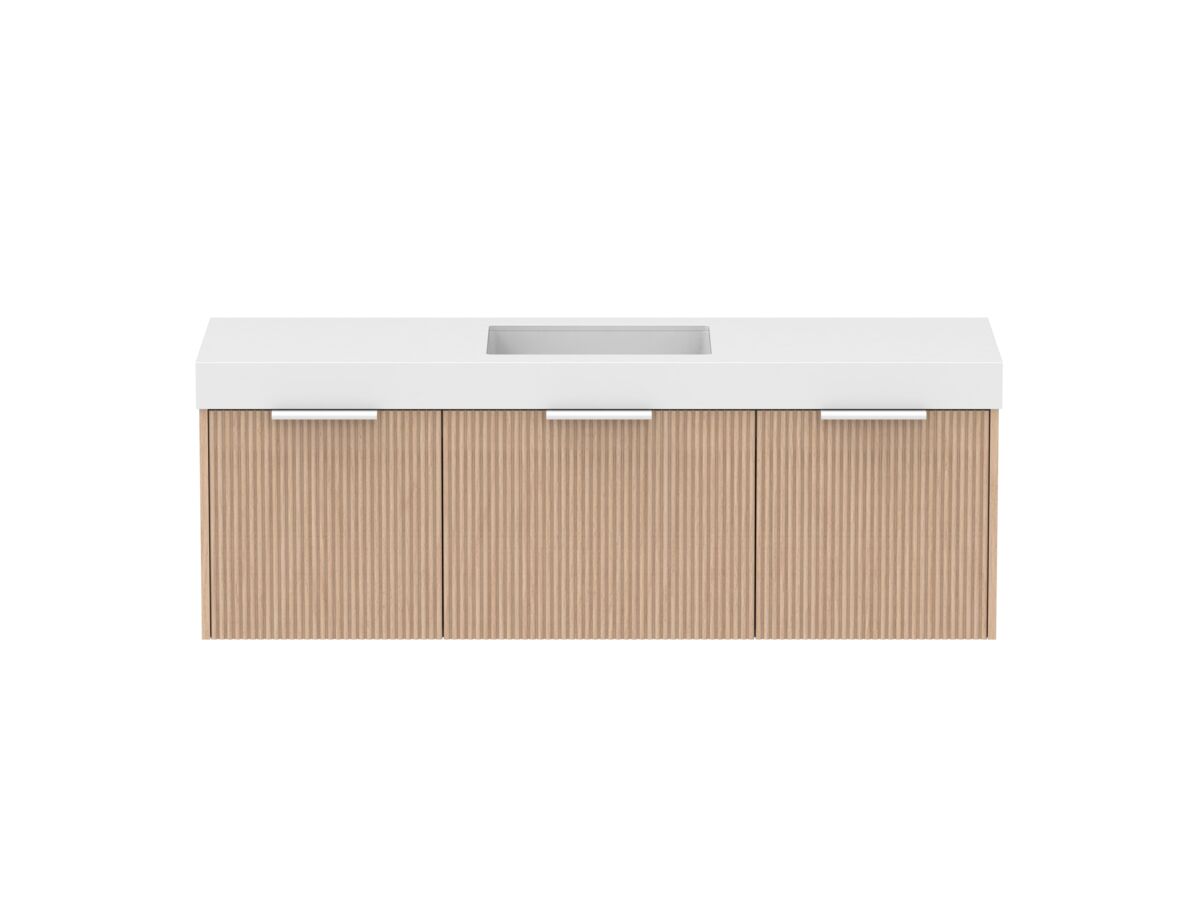 Supporting Image - Kado Neue Fluted Square All Drawer 1500mm Wall Hung Vanity with Centre Basin 90mm Top Blonde Oak