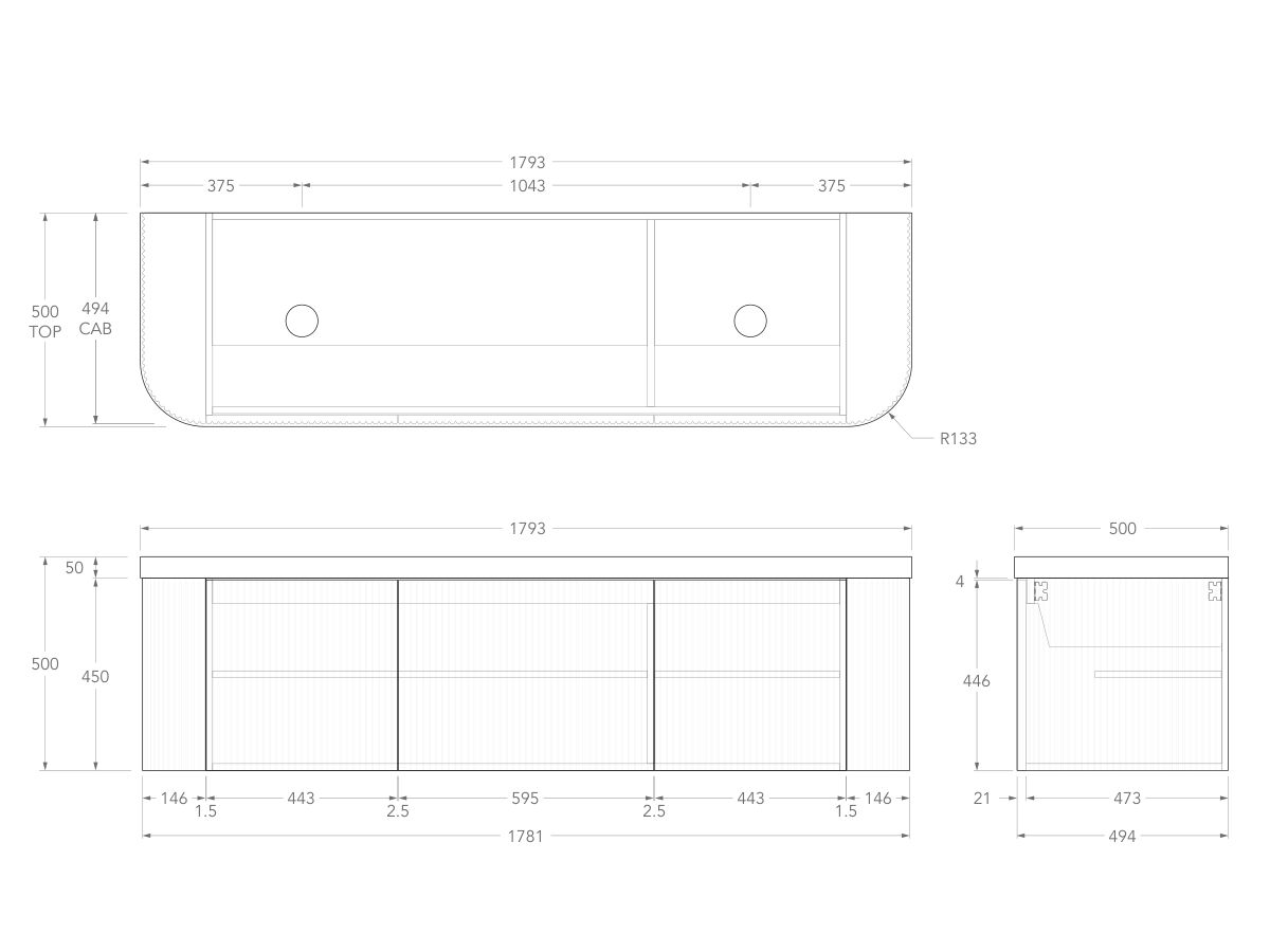 Technical Drawing - Kado Neue Fluted Double Curve All Door 1800mm Wall Hung Vanity with Double Basin Durasein 50mm Top