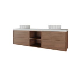 Supporting Image - Kado Aspect Shelf Vanity Unit 1800mm Double Bowl 4 Drawer Caesarstone Mineral 50mm Top - Florentine Walnut