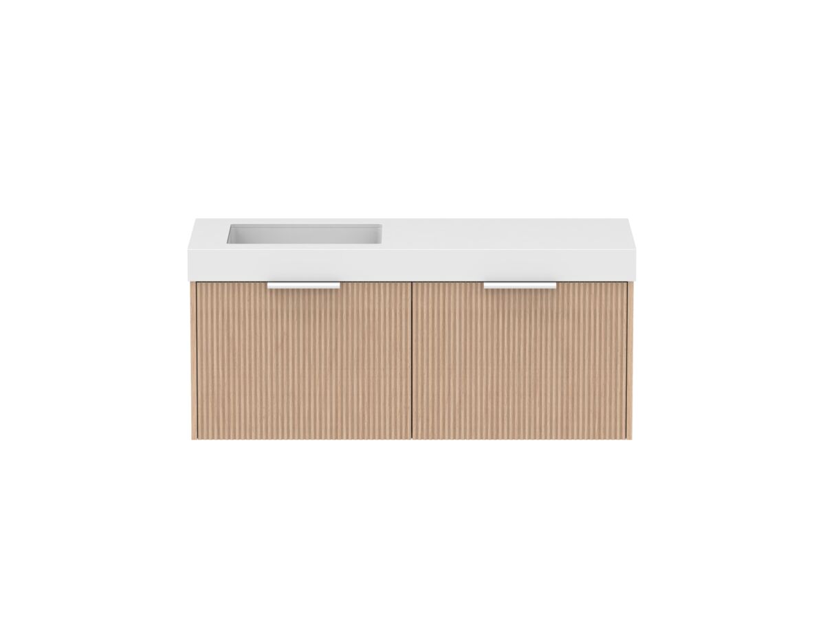Supporting Image - Kado Neue Fluted Square All Drawer 1200mm Wall Hung Vanity with Left Hand Basin 90mm Top Blonde Oak