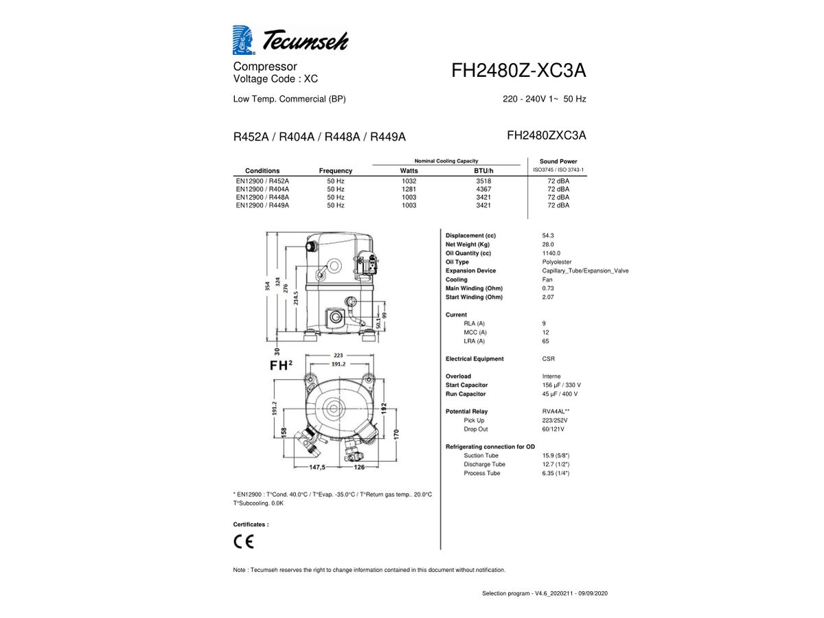 TECUMSEH COMPRESSOR 2HP R404 LBP FH2480Z-XC