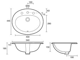 Technical Drawing - Base Vanity Basin with Front Overflow 3 Taphole 540 x 445mm White