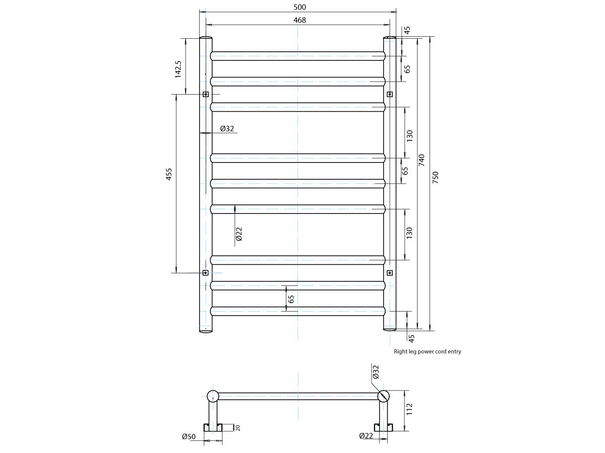 Posh Domaine Heated Towel Rail 500mm x 750mm Polished Stainless Steel