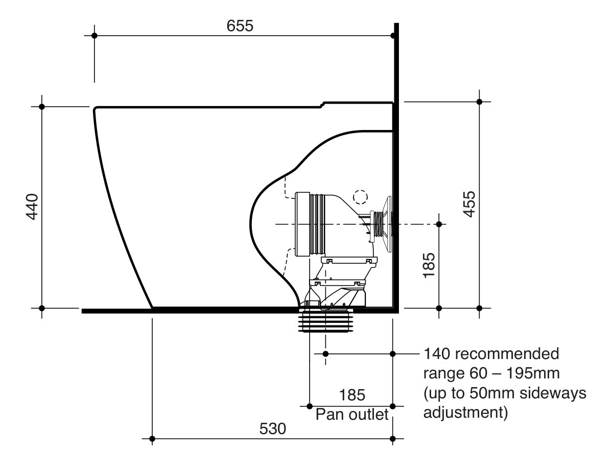Technical Drawing - Caroma Forma II Cleanflush Close Coupled Back to Wall Bottom Inlet Pan (4 Star)