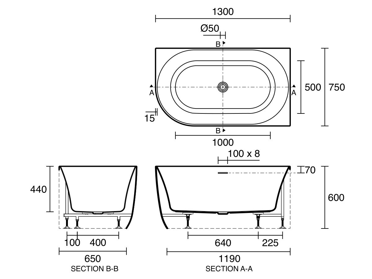 Technical Drawing - Posh Solus Back to Corner Freestanding Bath 1300mm Right Corner with Overflow