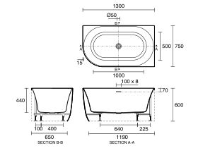 Technical Drawing - Posh Solus Back to Corner Freestanding Bath 1300mm Right Corner with Overflow
